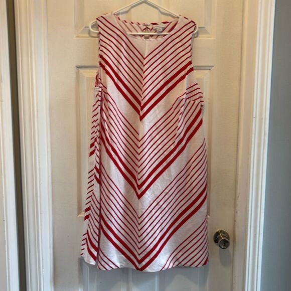 Liz Claiborne Women Linen Blend Shift Dress Size Large Red Chevron Stripe Beach - Picture 1 of 10